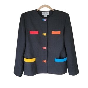 Vintage 70s Oleg Cassini Blazer Collarless Black With Contrast Details